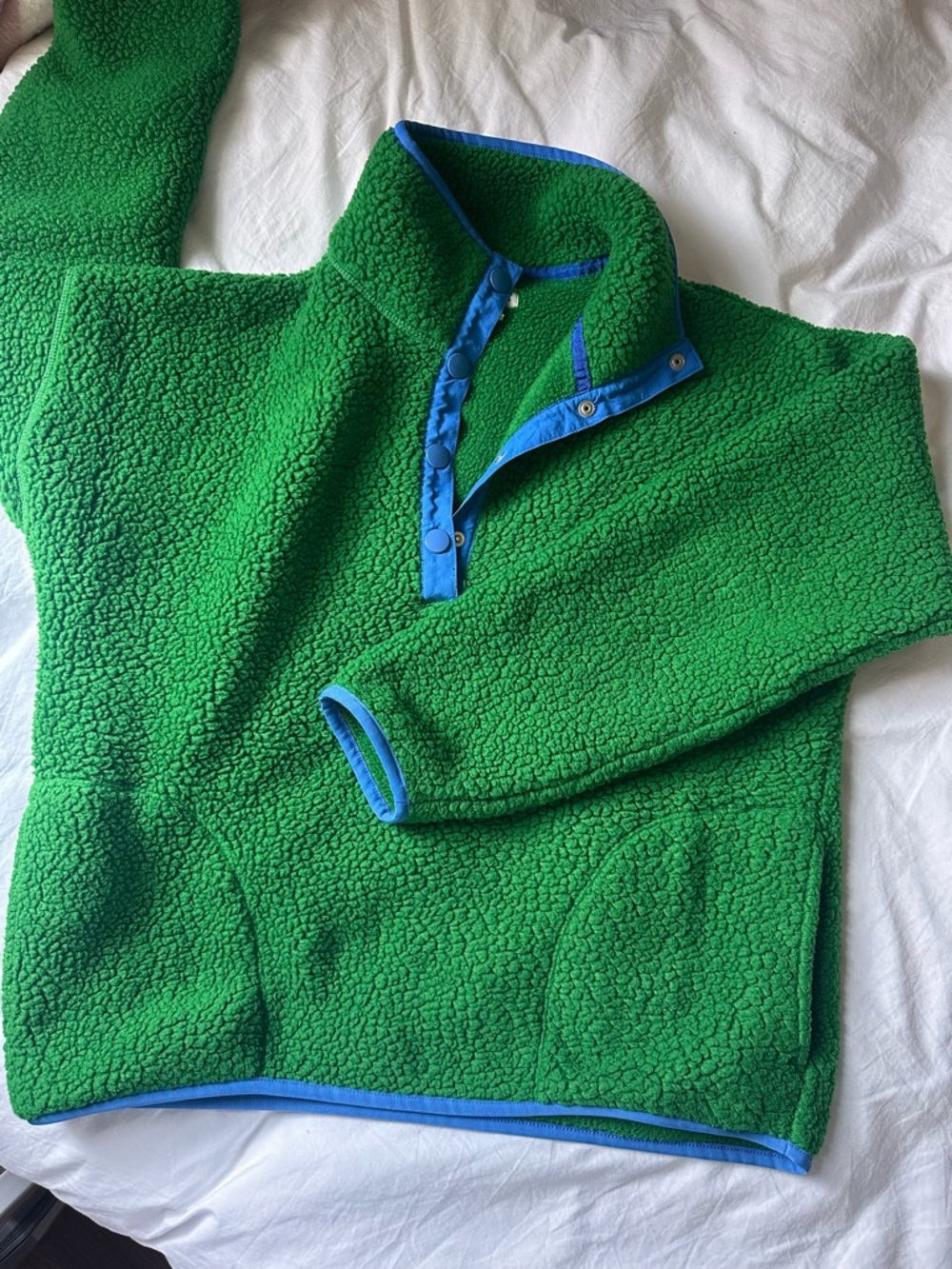 J. Crew Green Sherpa Pullover with Blue Trim